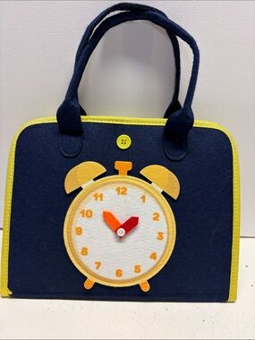 Kids Navy Felt Tote Bag with Yellow Clock Accent